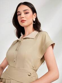 Mulvari Solid Button Front Fold Pleated Detail Shirt Dress - Khaki - View 5