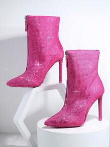 SHUZIA جزمة برقبة طويلة بديكور حجر الراين باصابع قدم مدبب خنجر - روز أحمر - مشاهدة 6