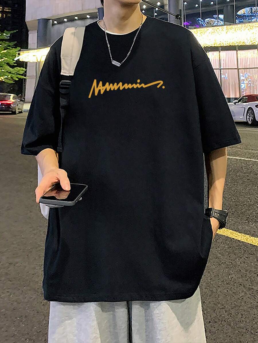 男士字母圖案落肩T恤 - 黑色 - 查看 1