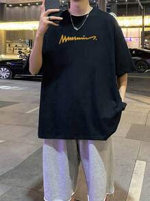 男士字母圖案落肩T恤 - 黑色 - 查看 4