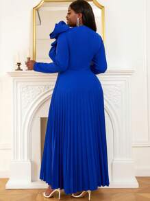 Plus Size Ruffle Trim Pleated Hem Dress Spring Elegant - Royal Blue - View 3