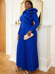 Plus Size Ruffle Trim Pleated Hem Dress Spring Elegant - Royal Blue - View 4