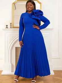 Plus Size Ruffle Trim Pleated Hem Dress Spring Elegant - Royal Blue - View 5
