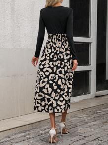 Chiquease 豹纹斜襟围脖下摆连衣裙长款女装