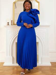 Plus Size Ruffle Trim Pleated Hem Dress Spring Elegant - Royal Blue - View 8