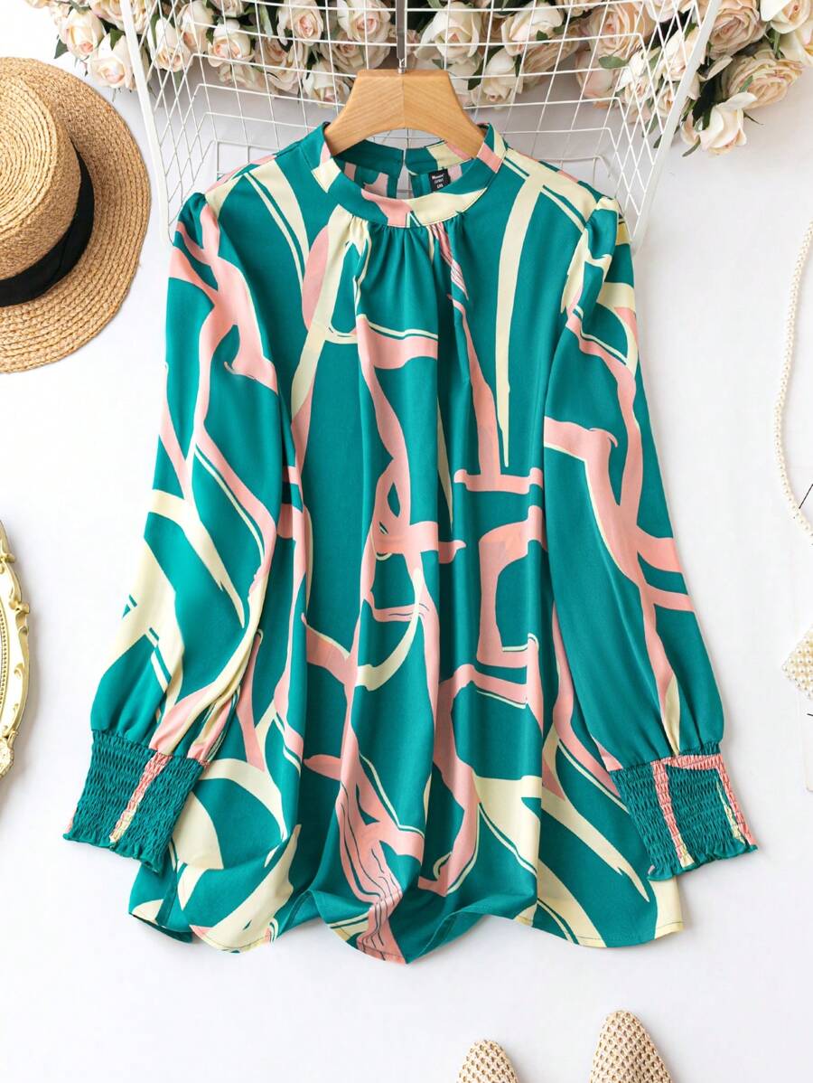 SHEIN LUNE Hơn In Toàn bộ Cổ giả Áo sơ mi - màu xanh lá - Xem 1