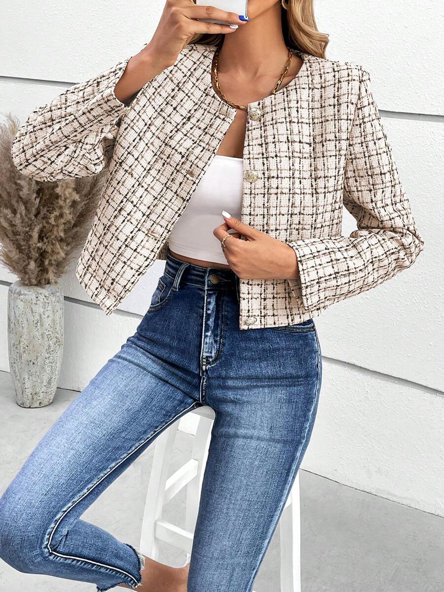 SHEIN Frenchy Hoa văn kẻ sọc Nút phía trước Áo khoác - Màu be - Xem 1