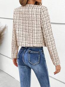 SHEIN Frenchy Hoa văn kẻ sọc Nút phía trước Áo khoác - Màu be - Xem 2