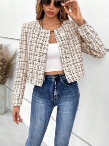 SHEIN Frenchy Hoa văn kẻ sọc Nút phía trước Áo khoác - Màu be - Xem 5