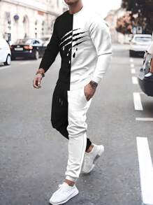 Manfinity LEGND Men Plus Two Tone Sweatshirt & Drawstring Waist Sweatpants - Black and White - View 1