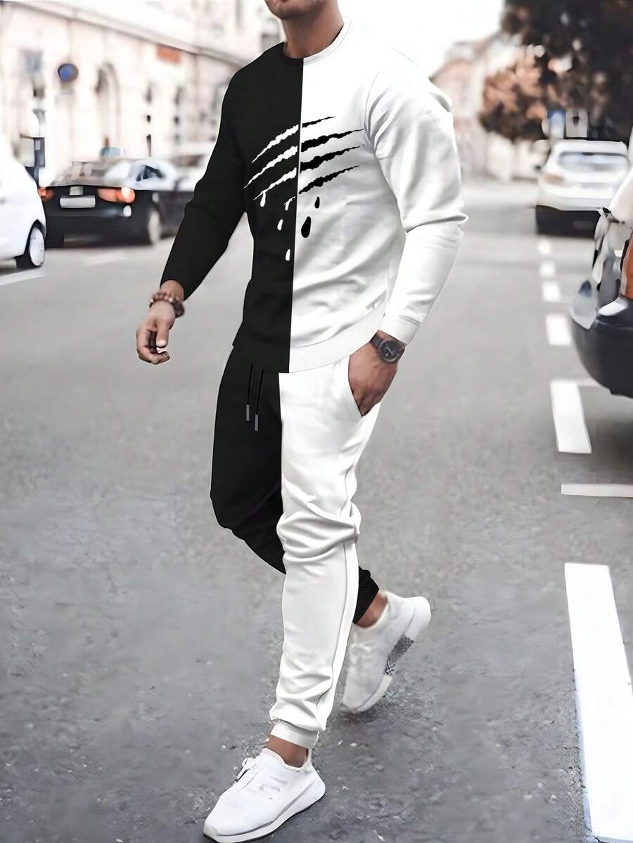 Manfinity LEGND Men Plus Two Tone Sweatshirt & Drawstring Waist Sweatpants - Black and White - View 1