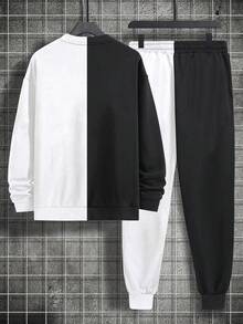 Manfinity LEGND Men Plus Two Tone Sweatshirt & Drawstring Waist Sweatpants - Black and White - View 2