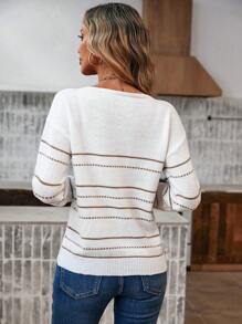 SHEIN LUNE Women's V-Neck Colorful Striped Long Sleeve Casual Fashion Sweater,Long Sleeve Tops,Knitted Sweater In Fall/Winter