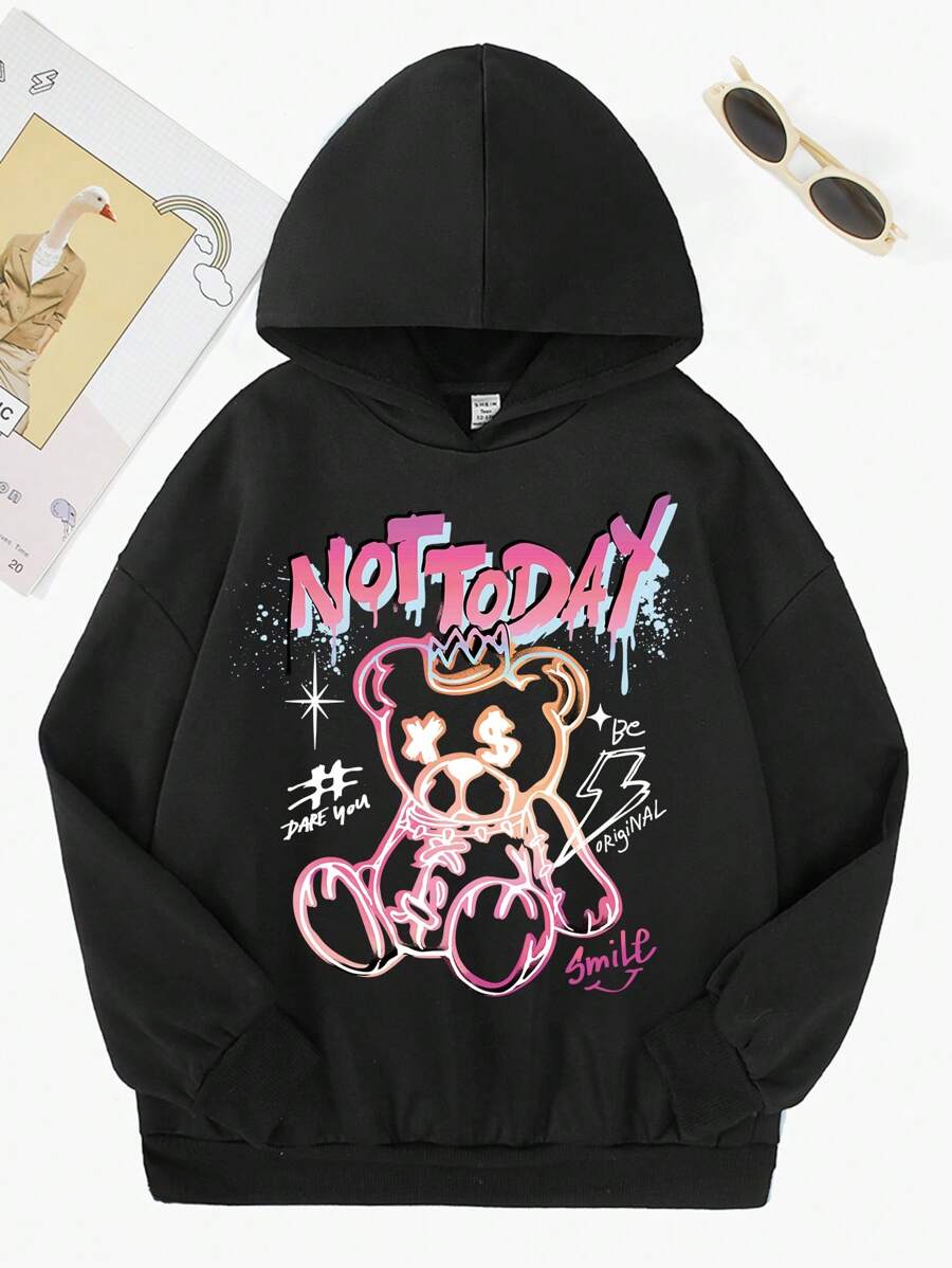 SHEIN Leap Crew Teen Girl Bear & Letter Graphic Sweatshirt,In Fall/Winter - Black - View 1