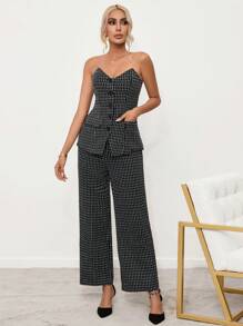 Aveloria Plaid Print Button Front Tube Top & Wide Leg Pants