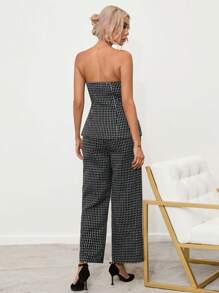 Aveloria Plaid Print Button Front Tube Top & Wide Leg Pants