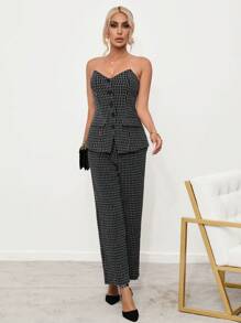 Aveloria Plaid Print Button Front Tube Top & Wide Leg Pants
