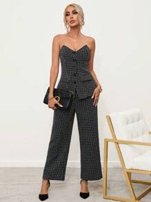 Aveloria Plaid Print Button Front Tube Top & Wide Leg Pants