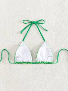 Zebra Striped Halter Triangle Bikini Top - Green - View 2