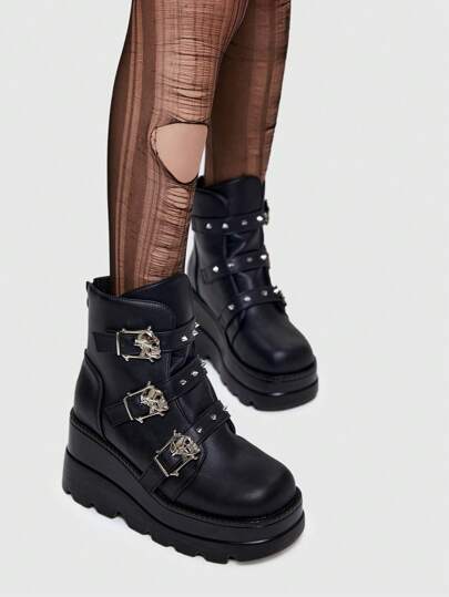 Goth Women Studded & Buckle Decor Zip Combat Boots, Punk Outdoor Fashion Boots