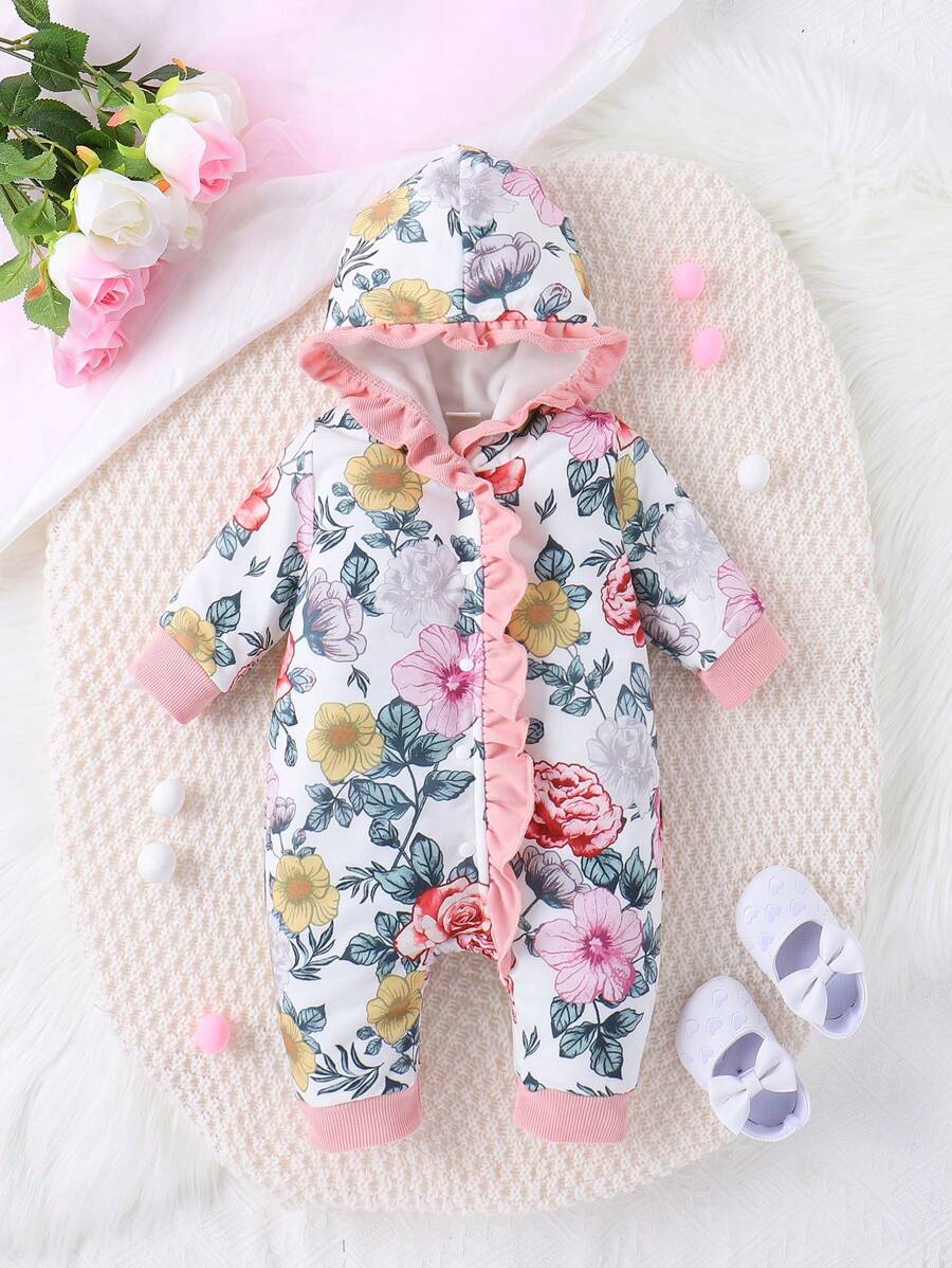 女嬰印花荷葉邊連帽連身褲 - 彩色 - 查看 1