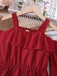 SHEIN Tween Girl Cold Shoulder Ruffle Trim Trumpet Sleeve Dress