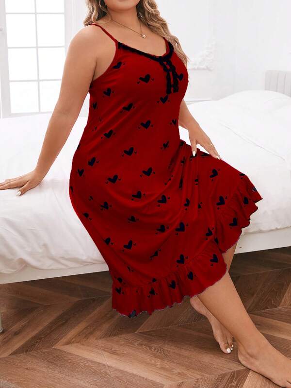 Plus Heart Print Ruffle Hem Cami Pajama Nightdress