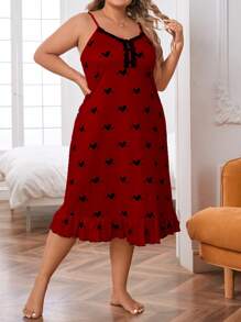 Camisón de pijama con estampado de corazones y dobladillo con volantes talla grande - Burdeos - Ver 3