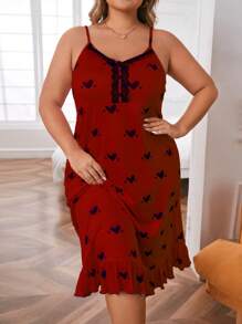 Camisón de pijama con estampado de corazones y dobladillo con volantes talla grande - Burdeos - Ver 4