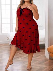 Camisón de pijama con estampado de corazones y dobladillo con volantes talla grande - Burdeos - Ver 5