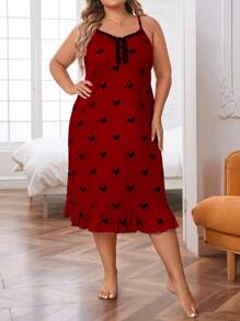 Camisón de pijama con estampado de corazones y dobladillo con volantes talla grande - Burdeos - Ver 6