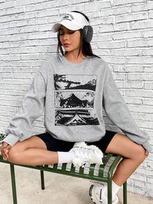 SHEIN EZwear 建築物圖案落肩袖運動衫 - 淺灰色 - 查看 4