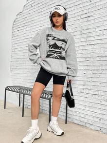 SHEIN EZwear 建築物圖案落肩袖運動衫 - 淺灰色 - 查看 6