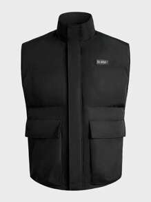 Manfinity VCAY 秋冬款男士超大字母贴片翻盖口袋羽绒背心外套 - 黑色 - 查看 1