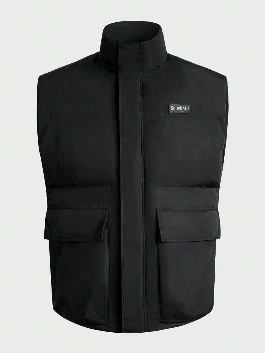 Manfinity VCAY 秋冬款男士超大字母贴片翻盖口袋羽绒背心外套 - 黑色 - 查看 1