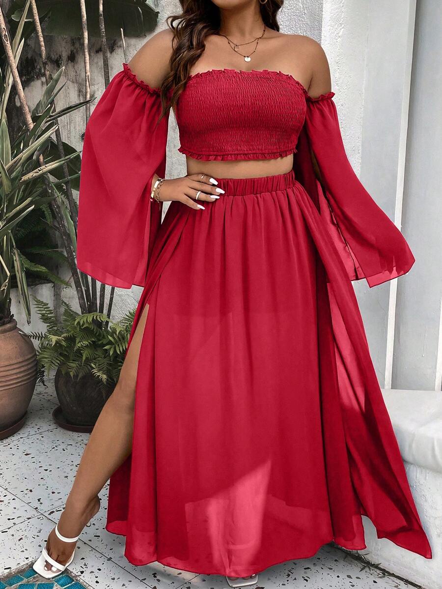 SHEIN Holidaya Hơn Off Shoulder Lá sen tỉa Top Cây trồng & Tách đùi Váy - Đỏ - Xem 1