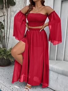 SHEIN Holidaya Hơn Off Shoulder Lá sen tỉa Top Cây trồng & Tách đùi Váy - Đỏ - Xem 3