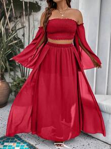 SHEIN Holidaya Hơn Off Shoulder Lá sen tỉa Top Cây trồng & Tách đùi Váy - Đỏ - Xem 4