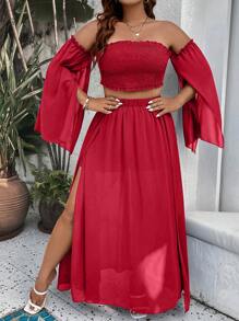 SHEIN Holidaya Hơn Off Shoulder Lá sen tỉa Top Cây trồng & Tách đùi Váy - Đỏ - Xem 5