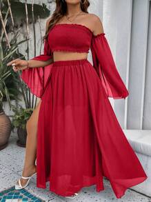 SHEIN Holidaya Hơn Off Shoulder Lá sen tỉa Top Cây trồng & Tách đùi Váy - Đỏ - Xem 6
