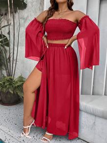 SHEIN Holidaya Hơn Off Shoulder Lá sen tỉa Top Cây trồng & Tách đùi Váy - Đỏ - Xem 7