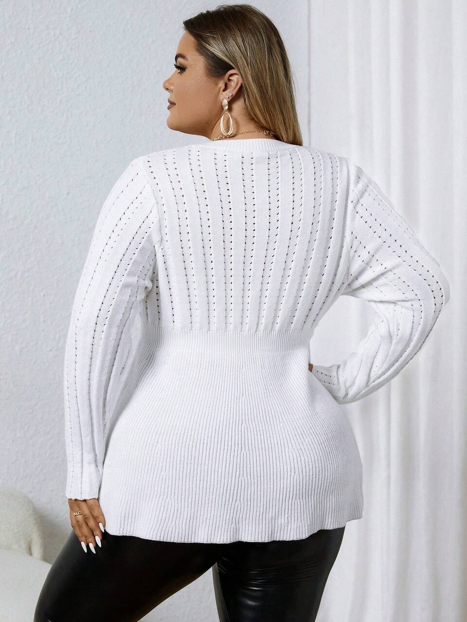 Plus Hollow Out Peplum Hem Sweater Knit Pullover Fall Winter Sweater