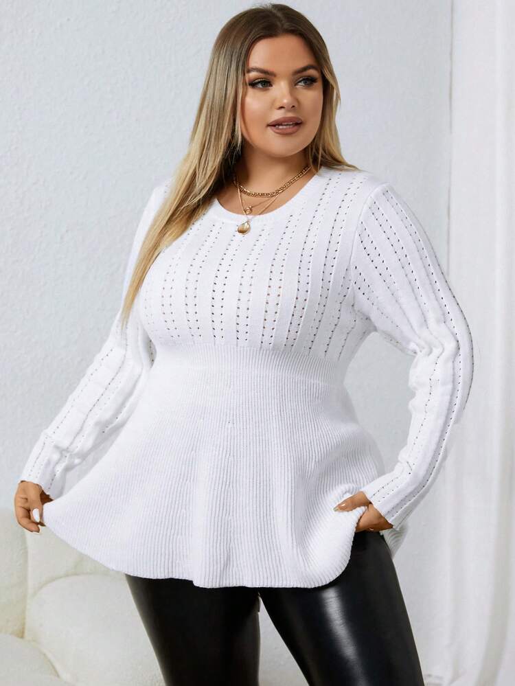 Plus Hollow Out Peplum Hem Sweater Knit Pullover Fall Winter Sweater