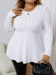SHEIN Clasi 大碼鏤空荷葉擺套頭毛衣 - 白色 - 查看 2