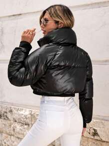 SHEIN Cottnline Zip Up Crop Puffer Coat - Black - View 2