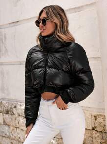 SHEIN Cottnline Zip Up Crop Puffer Coat - Black - View 5