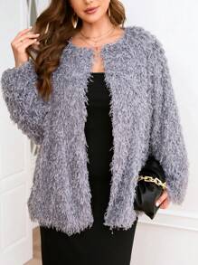 SHEIN Clasi Plus Contrast Fuzzy Open Front Coat - Grey - View 3