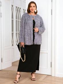 SHEIN Clasi Plus Contrast Fuzzy Open Front Coat - Grey - View 2