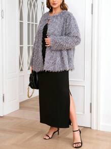 SHEIN Clasi Plus Contrast Fuzzy Open Front Coat - Grey - View 5