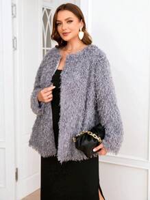 SHEIN Clasi Plus Contrast Fuzzy Open Front Coat - Grey - View 1